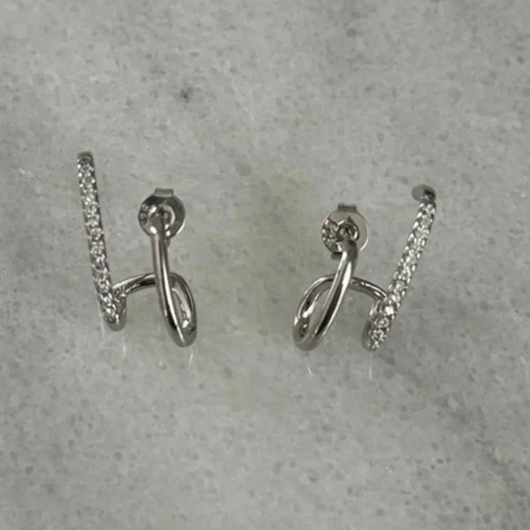 Sterling Silver Crystal Pave Double Faux Suspender Cuff Earrings - Picture 2 of 4